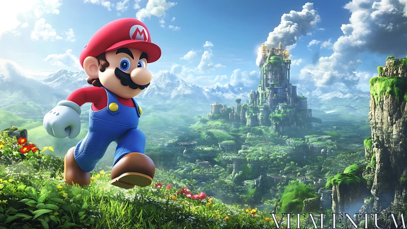 Cartoon plumber character traverses lush fantasy valley