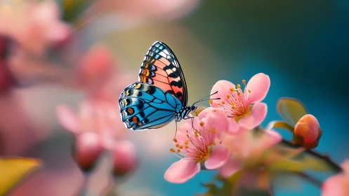 Colorful butterfly rests gently on soft spring blossoms