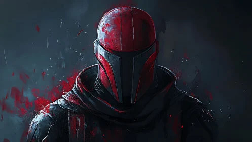 Mysterious red-armored warrior bathed in midnight shadows.