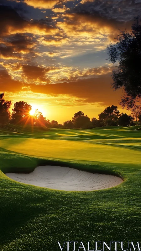 Sunset stitches molten light across a hushed golf green