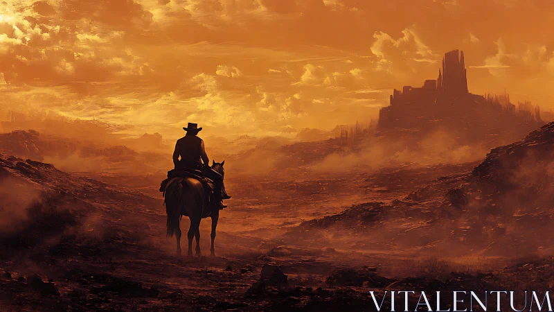 Lone rider drifts through ember desert toward jagged citadel.