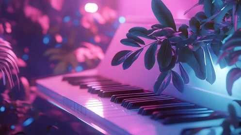 Neon-lit white piano intersects lush foliage in soft focus