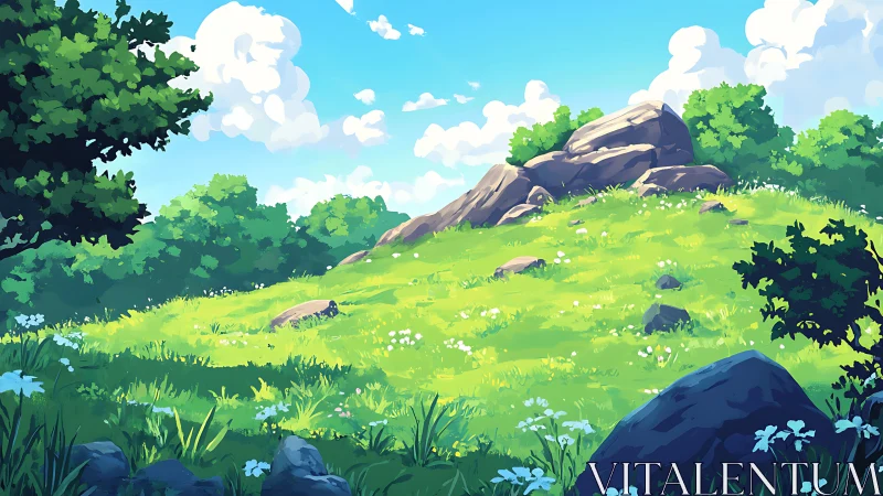 Sunlit hillside meadow with rocky outcrop in anime style.