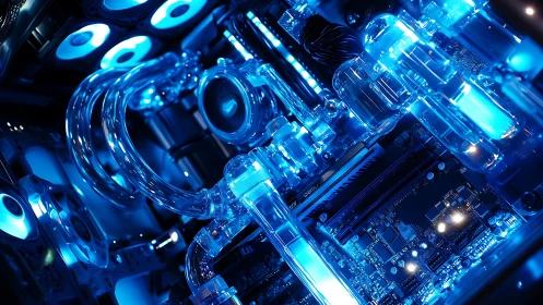 Custom PC liquid cooling loop glows with intense neon blue