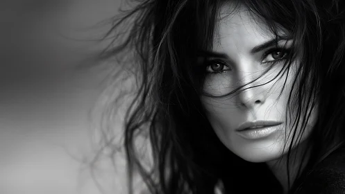 Monochrome close-up portrait with wind-swept dark hair.