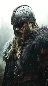 Snow-drenched Viking warrior in engraved nasal helm profile
