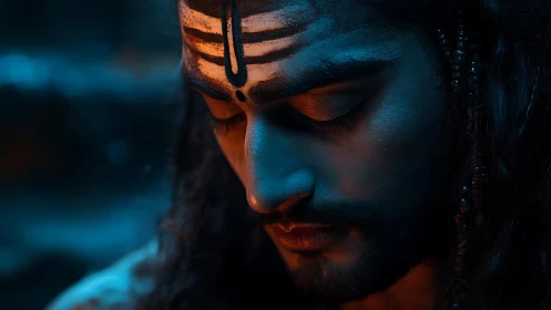 Meditative dusk saint in sapphire and ember silence.