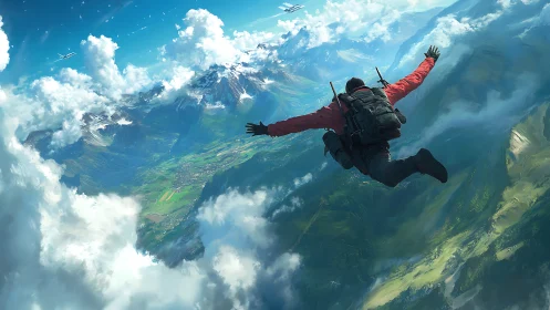 Skydiver over expansive alpine valley landscape scene.