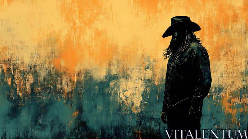 Textured chromatic cowboy silhouette in abstract pigment field.