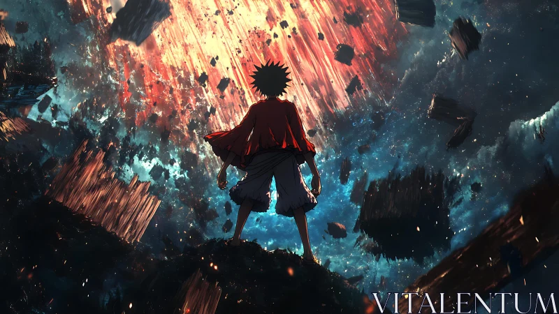 Lone anime hero faces falling cosmic debris storm.