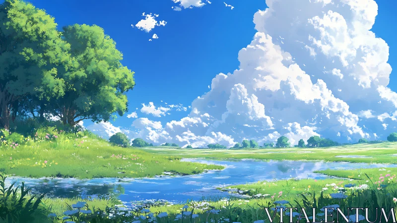 Vivid summer meadow with pond under towering clouds.