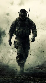 Tactical soldier advances through explosive battlefield haze