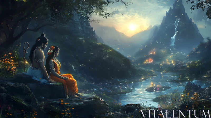 Divine couple overlook luminous valley at mythic twilight.