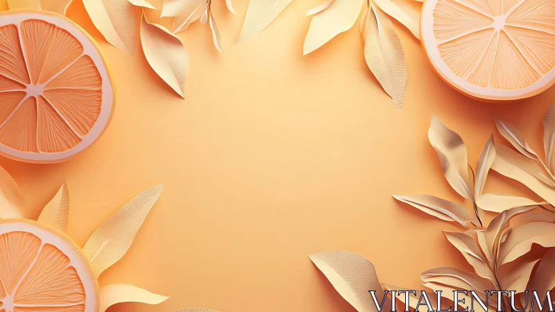 Citrus sun halos with paperleaf laurels on peach glow.