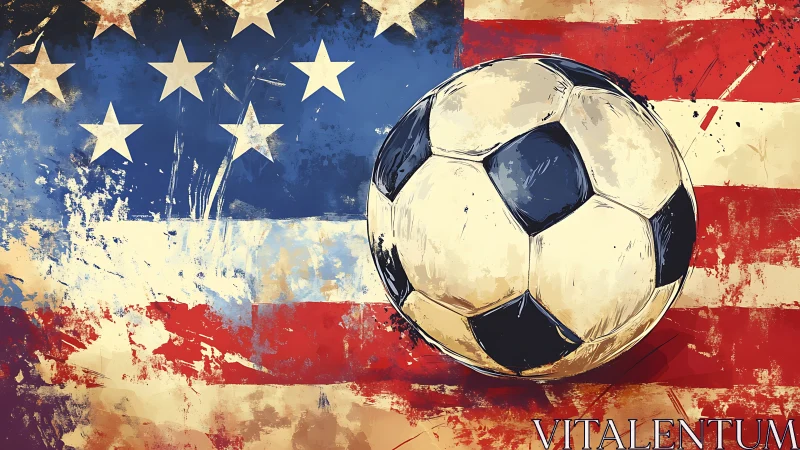 Soccer ball over distressed American flag illustration.