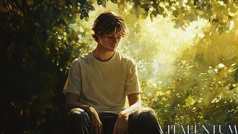 Pensive youth rests in dappled forest light, soft gold haze.