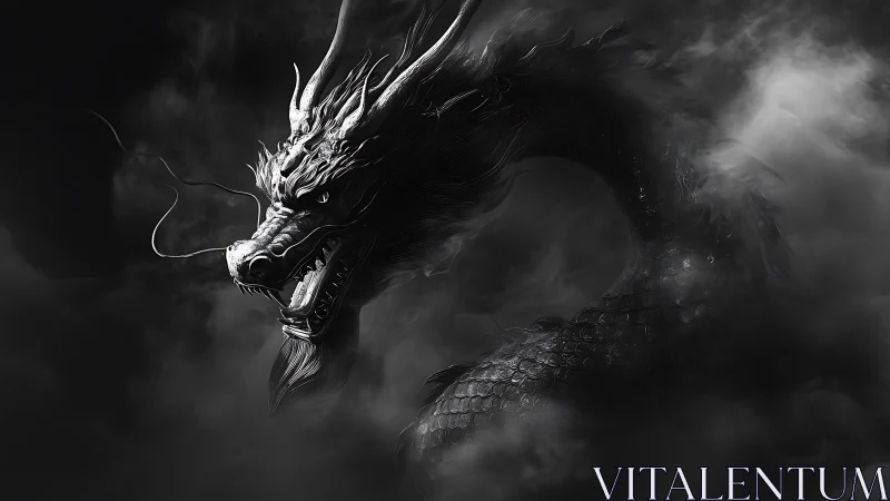 Monochrome serpentine dragon emerging from dense shadowed mist.