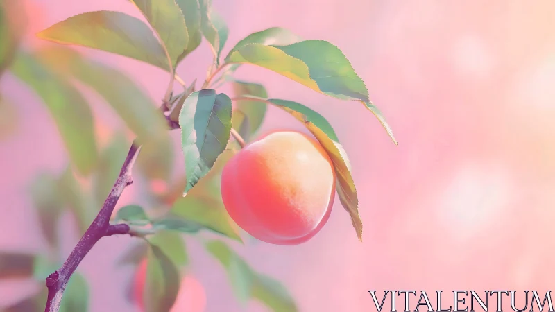 Ripe peach hangs from branch against soft pastel bokeh glow