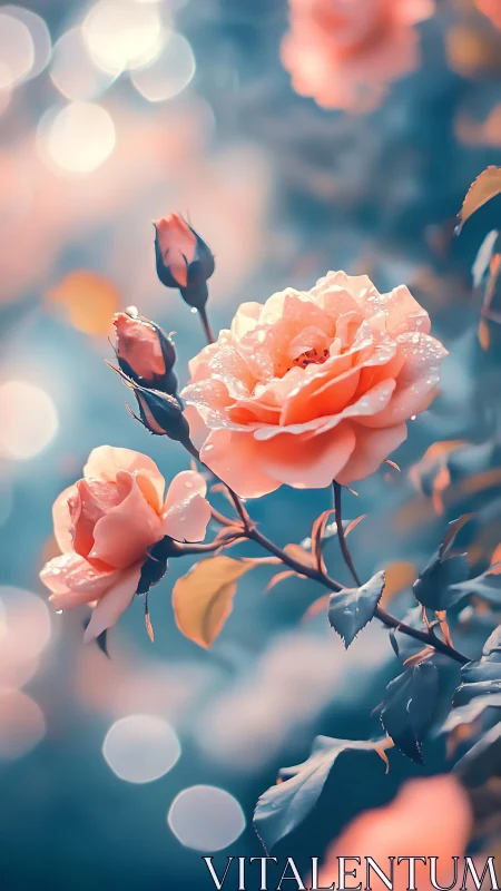 Peachy Roses Kissed by Dewdrops in Soft Blue Bokeh