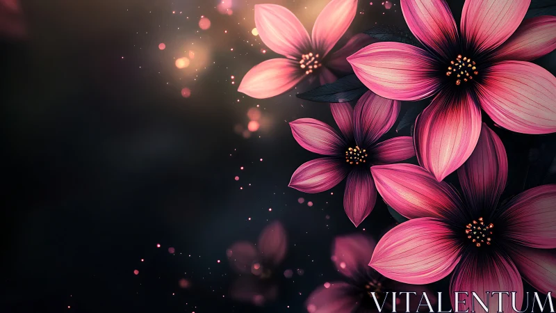 Pink Cosmos Flowers Against Dark Background.