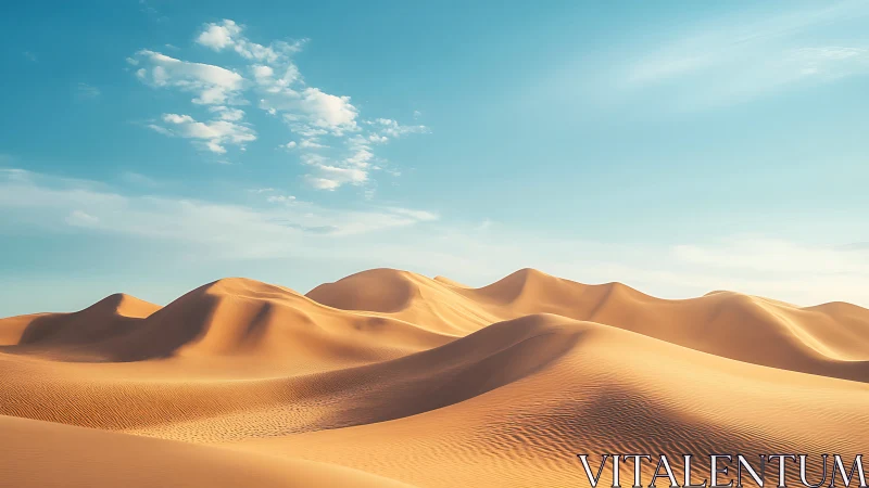 Golden sand dunes roll under clear blue desert skies.