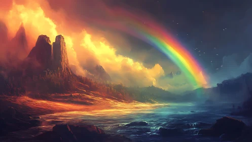 Spectral atmospheric arc over incandescent alpine coastline.