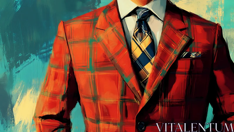 Crimson plaid jacket figure against turquoise canvas.