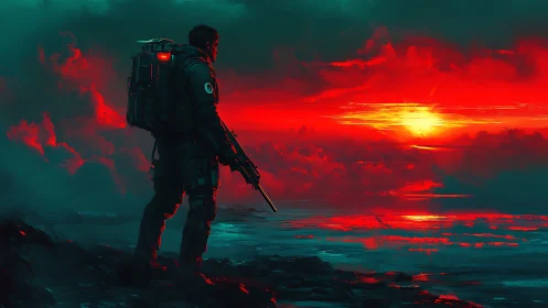 Lone sci fi soldier surveys burning scarlet alien shoreline