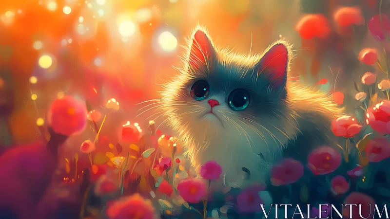 Digital illustration depicting feline subject among flowering specimens.
