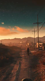 Lone wanderer strolling a dusty road under glowing twilight skies.