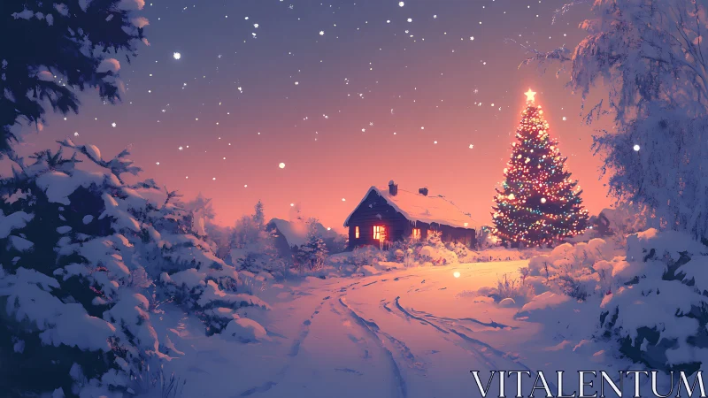 Digital painting of snowy cottage and illuminated Christmas tree.