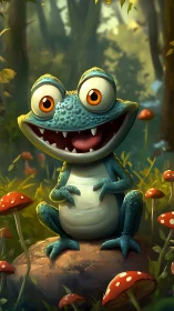 Expressive cartoon frog posed on a forest mushroom rock