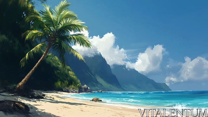 Tropical Beach Cove with Palm, Mountains, Turquoise Waters.