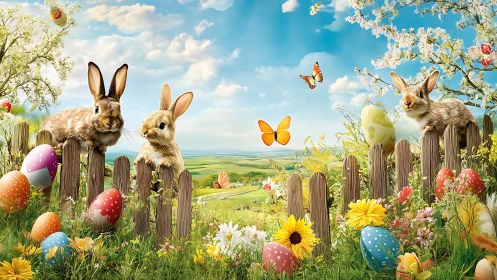 Springtime bunny council guarding a meadow of magic eggs.