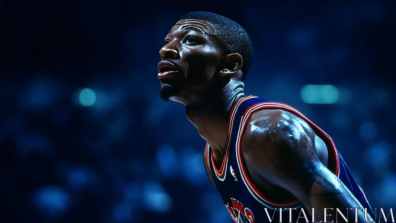 Focused basketball player under arena lights at night.