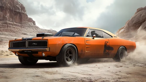 Orange muscle car powers through dusty desert canyon road