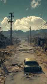 Deserted post-apocalyptic roadway receding toward distant hills