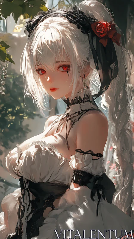 White haired anime maiden in gothic dress with red eyes.