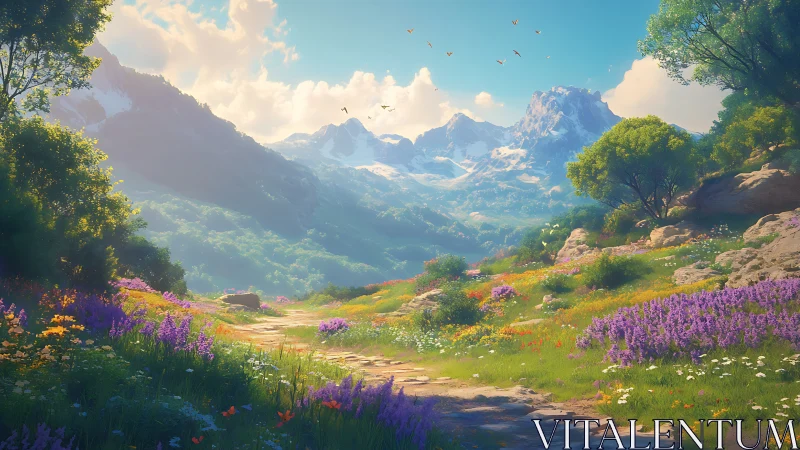 Sunlit alpine meadow path with layered atmospheric mountain depth
