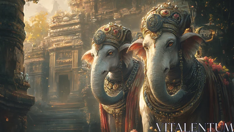 Regal white elephants in jeweled procession before temple.