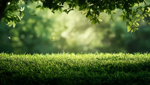 Sunlit green grass with leafy tree canopy overhead.