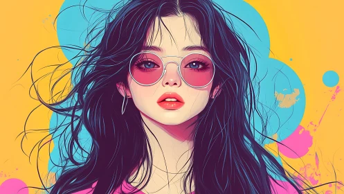 Vibrant vector portrait of woman with pink sunglasses and flow.