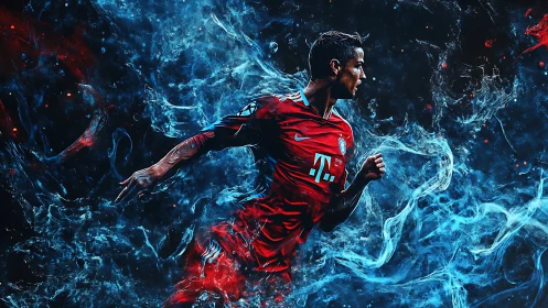 Electric soccer star racing through swirling blue energy.