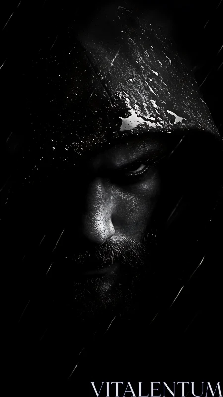 Low key hooded portrait in rain with cinematic chiaroscuro