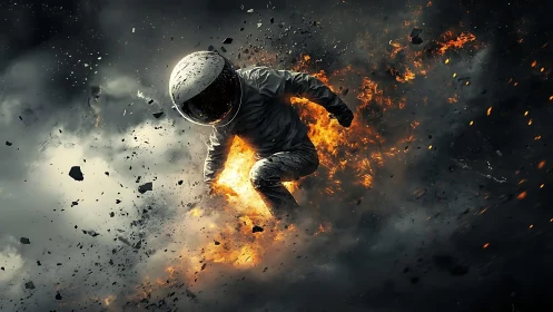 Astronaut propelled through explosive debris in fiery void.