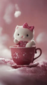 Adorable White Kitten in Teacup Among Pink Clouds.