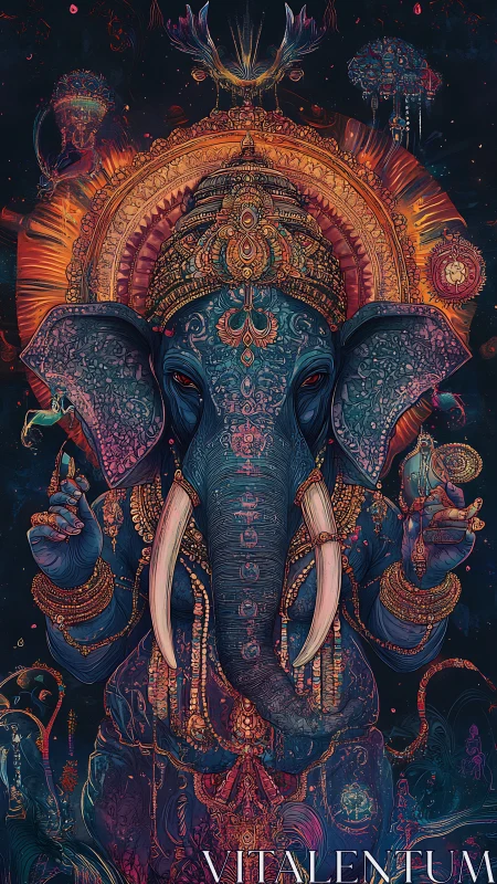 Cosmic elephant deity radiates jeweled neon mandala energy