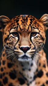 Leopard frontal portrait with sharp facial detail and focus.
