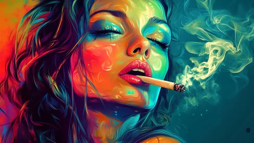 Neon-lit woman exhales swirling smoke in vivid hues.