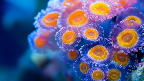 Close macro view of colorful marine coral polyps cluster.